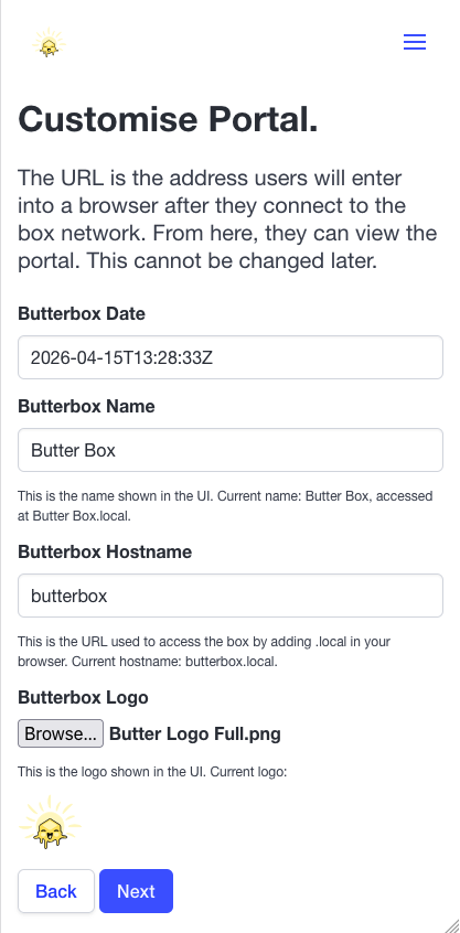 A screenshot of the Butter Box portal including fields to change the name and logo.