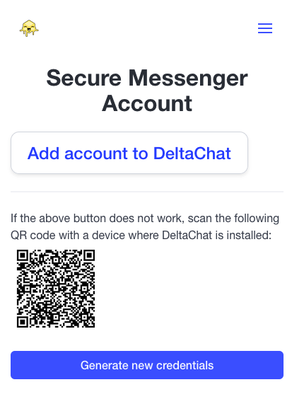 A screenshot of the Butter Box portal DeltaChat account registration page.