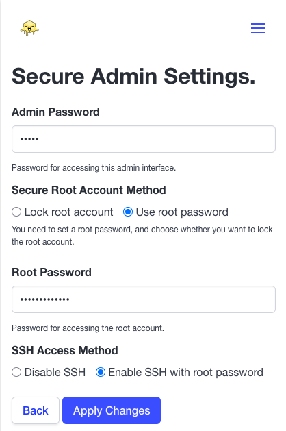 A screenshot of the Butter Box portal including fields to change the root and admin passwords and SSH behaviour.
